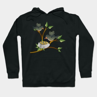 Bird with a worm perched on a tree with nest with young nestlings chirping for food. Hoodie